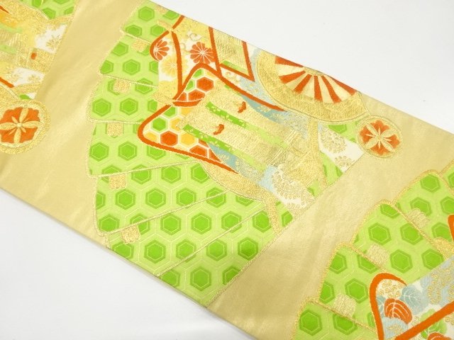 JAPANESE KIMONO / ANTIQUE FUKURO OBI / SILK / WOVEN FAN & CARRIAGE